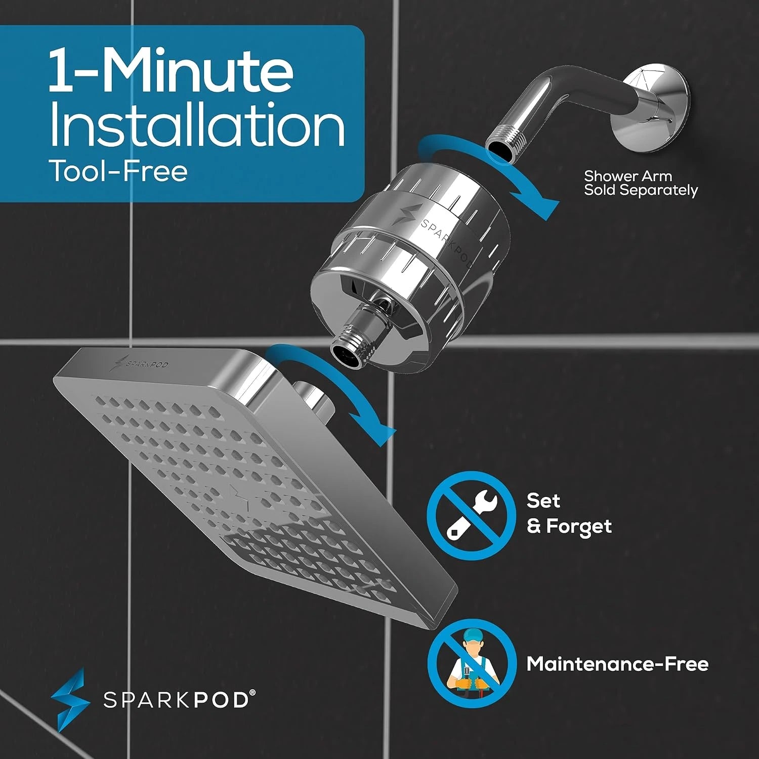 6” Square Rain Shower Head + High Output Filter