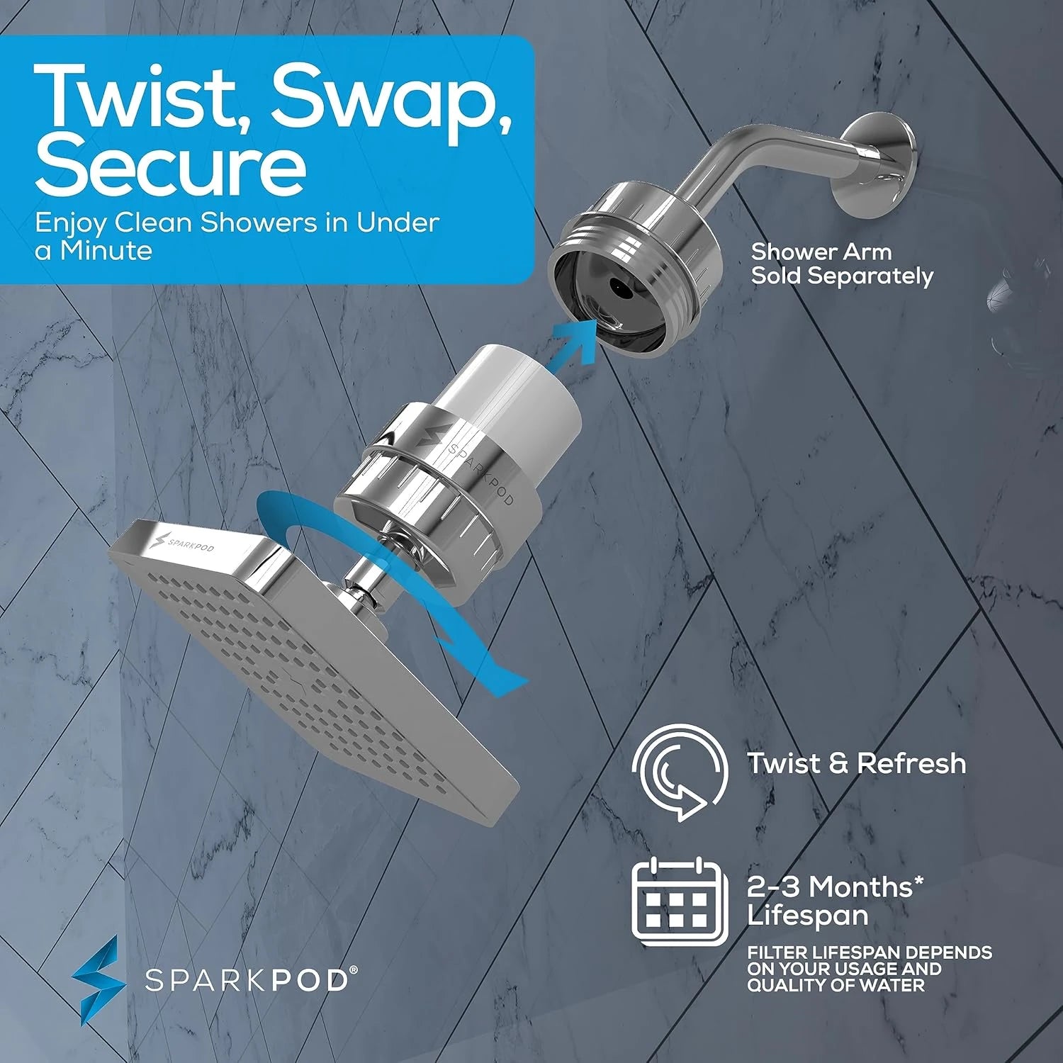 6” Square Rain Shower Head + High Output Filter