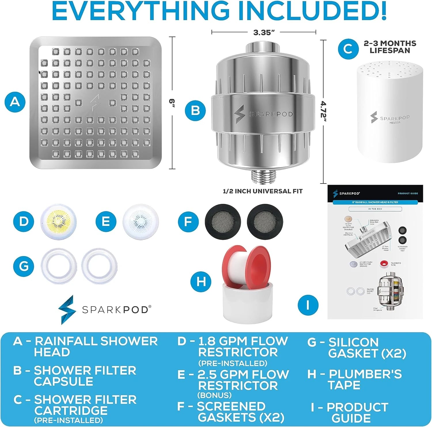 6” Square Rain Shower Head + High Output Filter