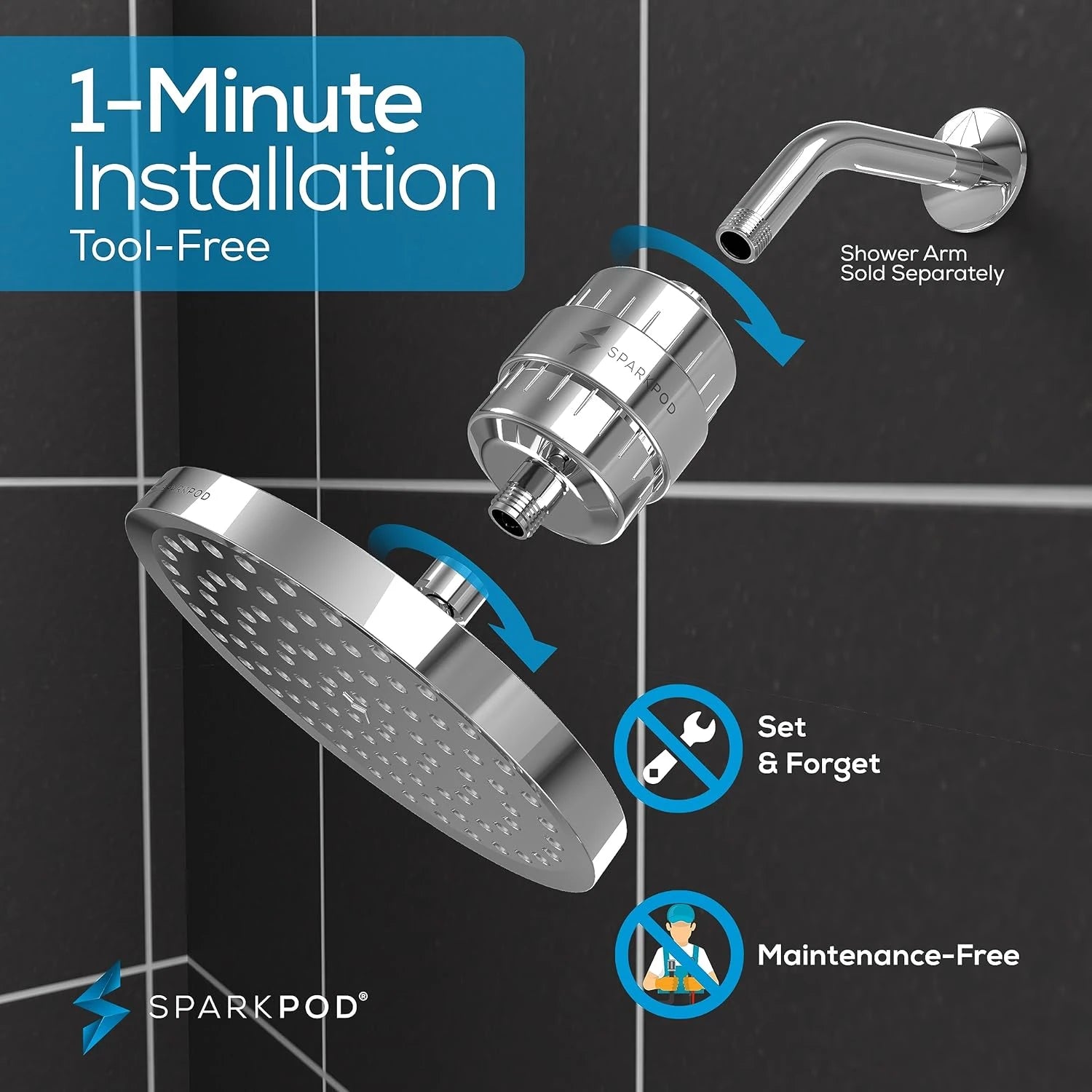 8” Round Rain Shower Head + High Output Filter