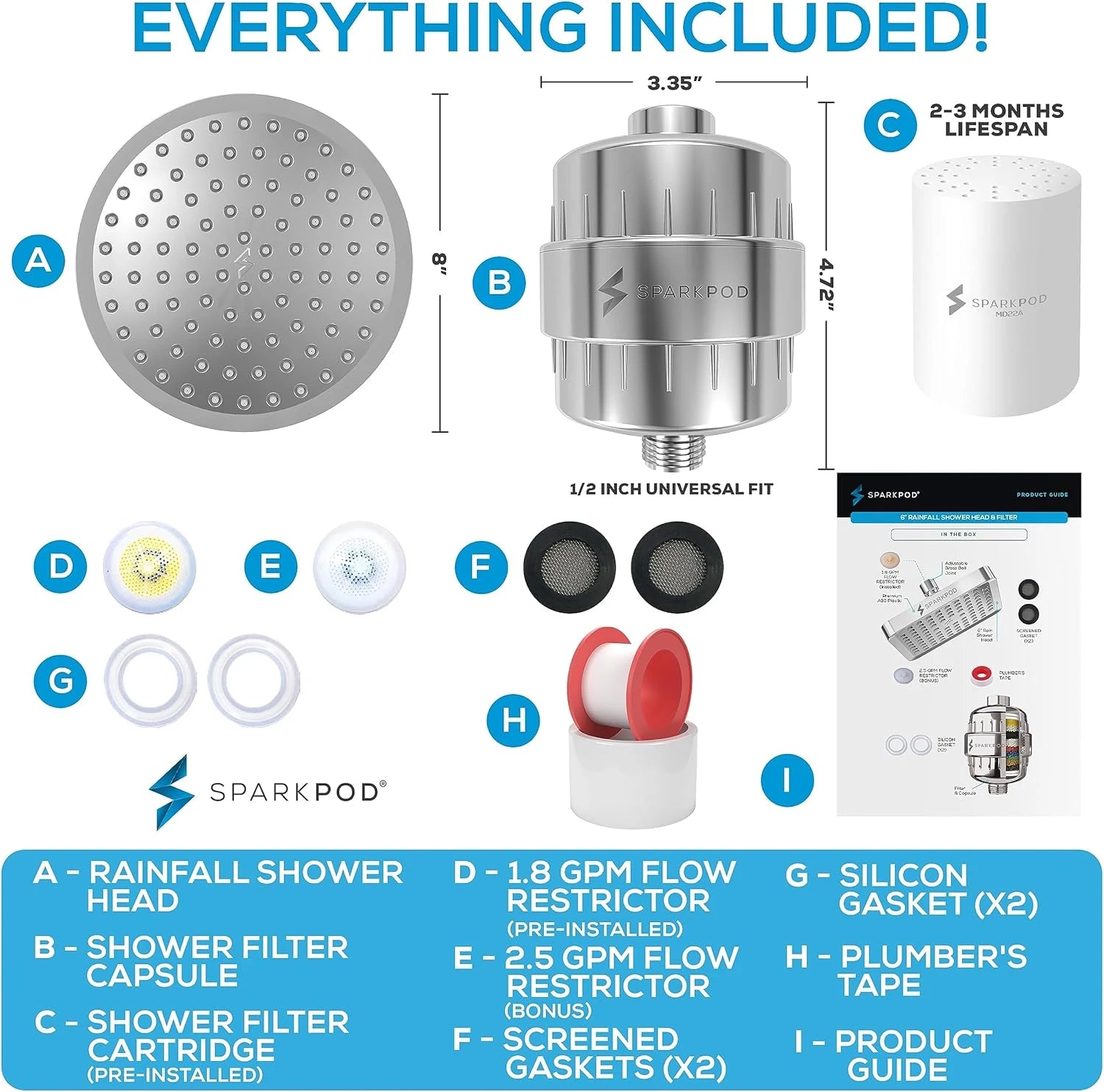 8” Round Rain Shower Head + High Output Filter