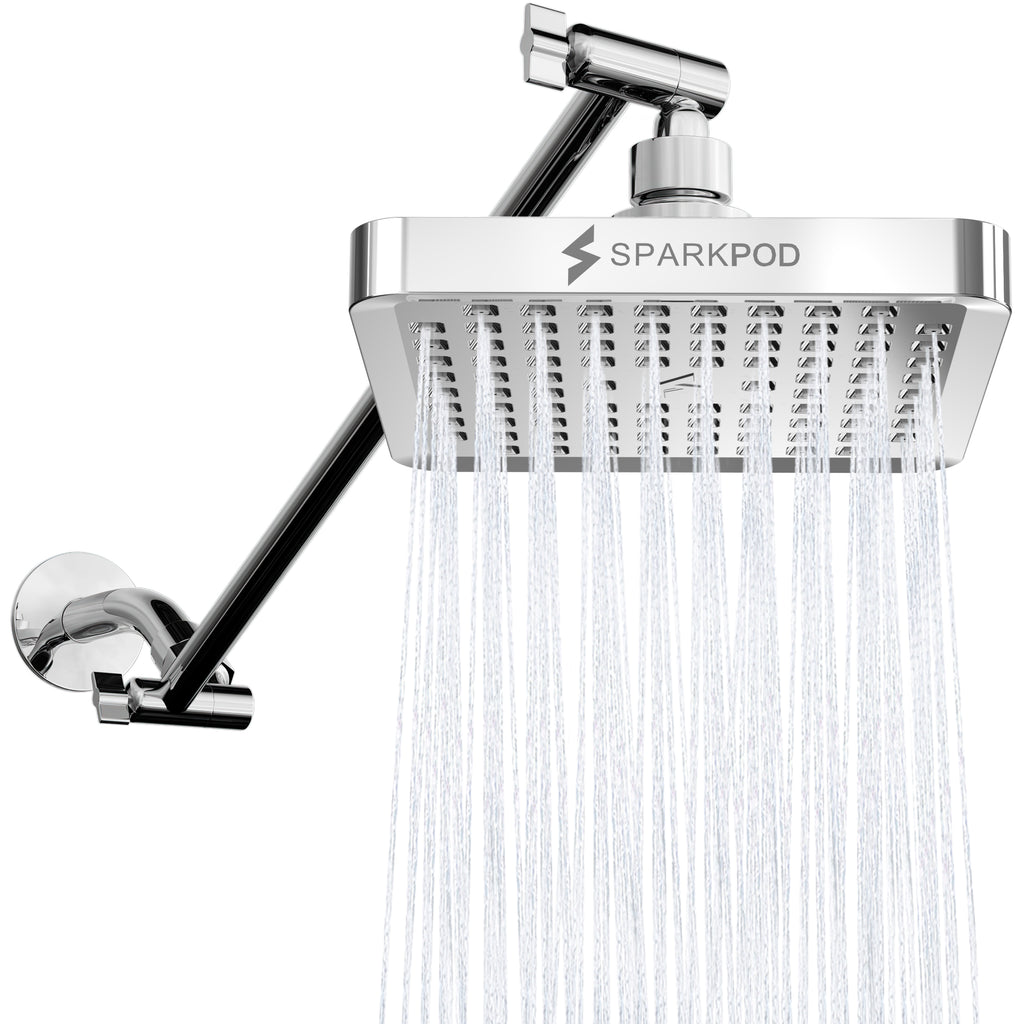 SparkPod 6 Inch Square Rain Shower Head with Shower Arm Extension  (16" Shower Arm Extension, Chrome (Luxury Polished)