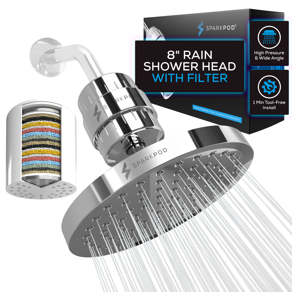 SparkPod High Pressure Shower Filter Head - 8" Round Shower Head with Enhanced Formula Filter (Chrome)