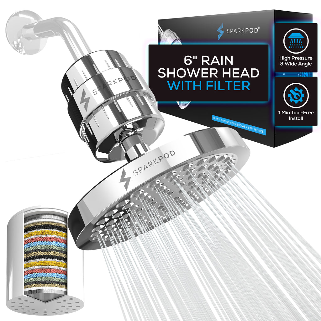 SparkPod High Pressure Shower Filter Head - Water Filter 6" Shower Head (Chrome)
