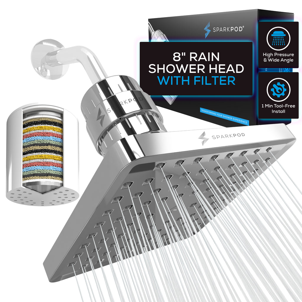 SparkPod High Pressure Shower Filter Head - Water Filter 8" Square Shower Head with Enhanced Formula Filter (Chrome)