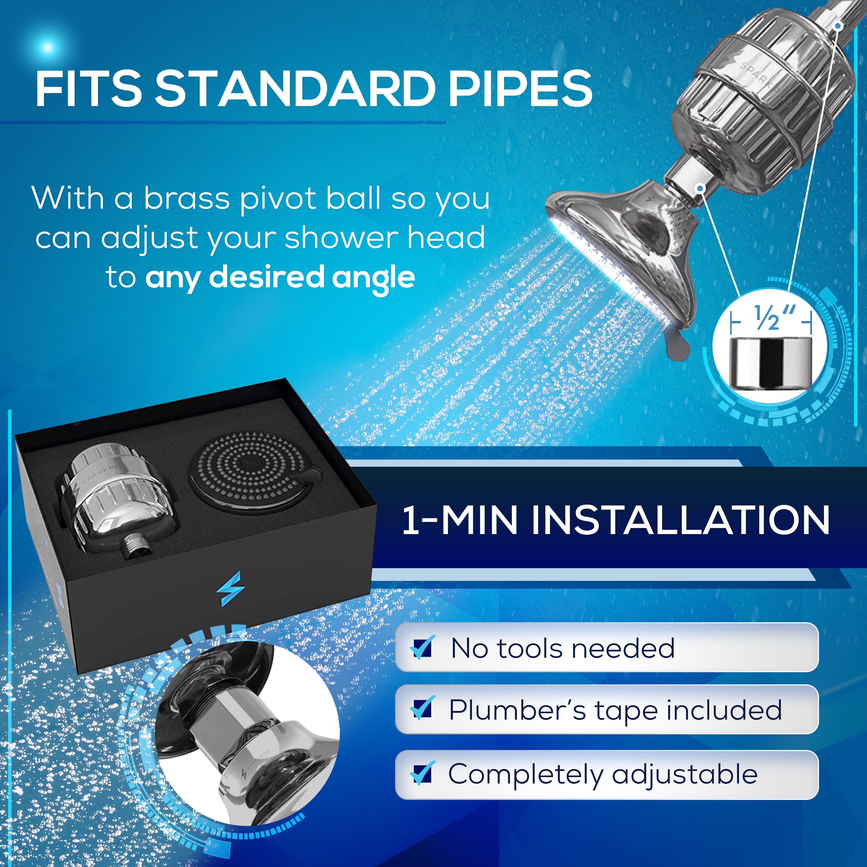 4" Multi Spray Setting Shower Head + High Output Filter