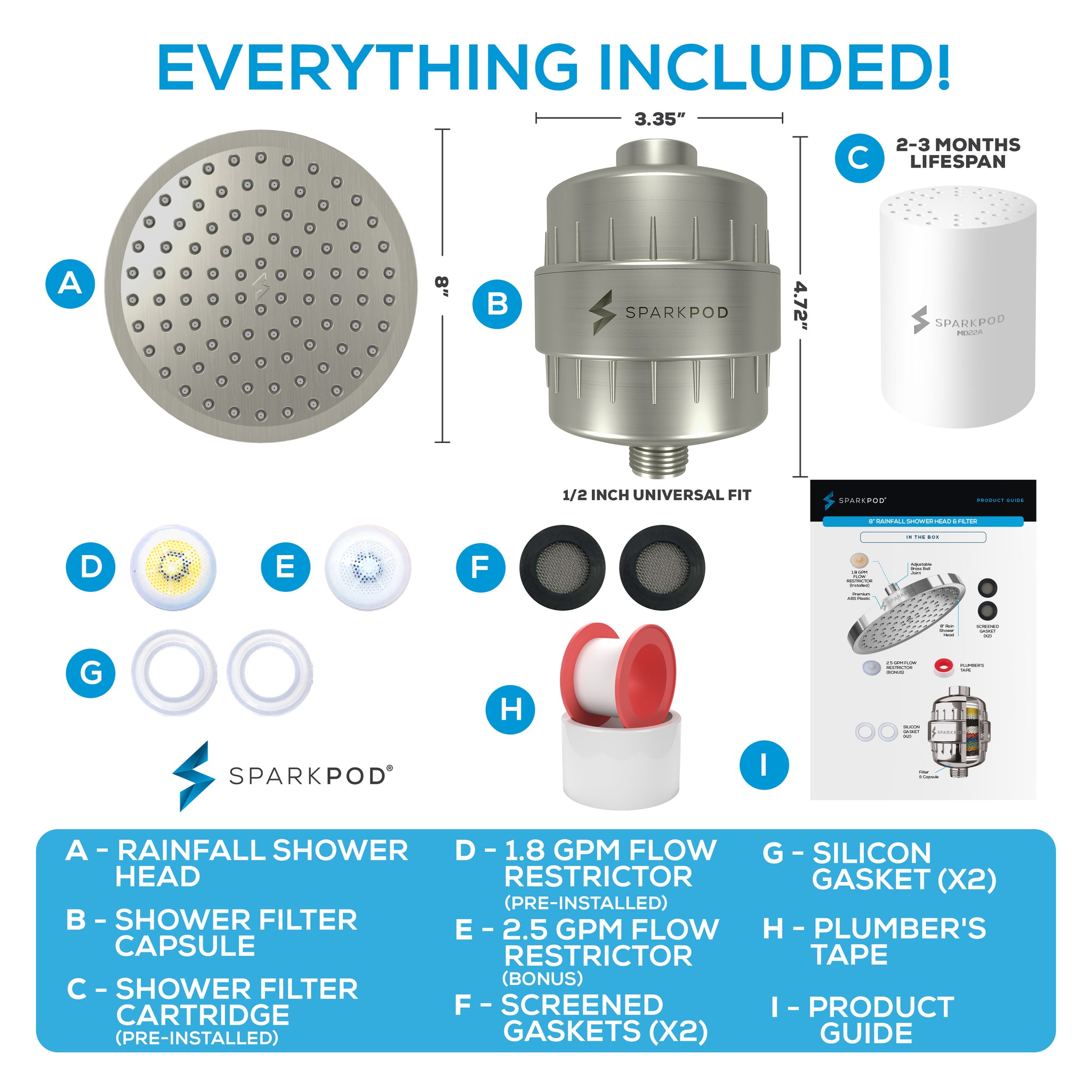 SparkPod High Pressure Shower Filter Head 8" Round Shower Head with