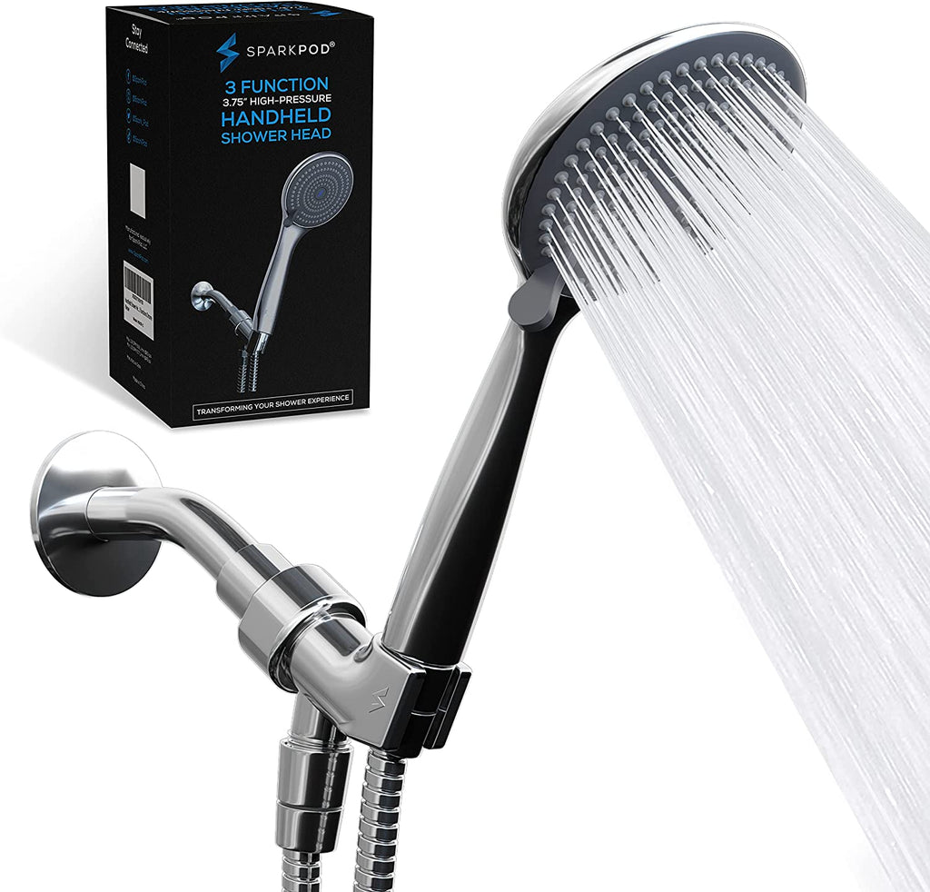 SparkPod High Pressure 3-Function Handheld Shower Head with 5 ft. Hose and Bracket - 3.75" Wide Angle Rain, Massage & Full Body Spray Modes - 1-Min Installation
