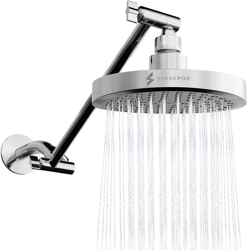 SparkPod Chrome High-Pressure Rain Shower Head with Matching 11" Shower Arm Extension - Control angle and height of your shower head for the Ultimate Experience Shower - 1-min Installation