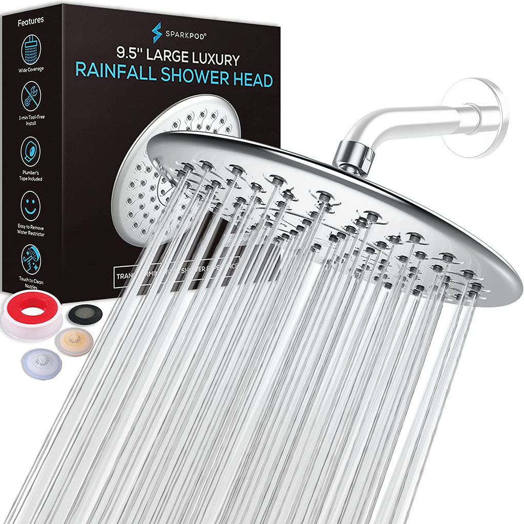 SparkPod 9.5 Inch Large Rain Shower Head - Luxury Rainfall Shower Head - High Pressure Showerhead, Full Body Coverage with Anti-Clog Silicone Nozzles -No Hassle, Easy Install (1/2 NPT)