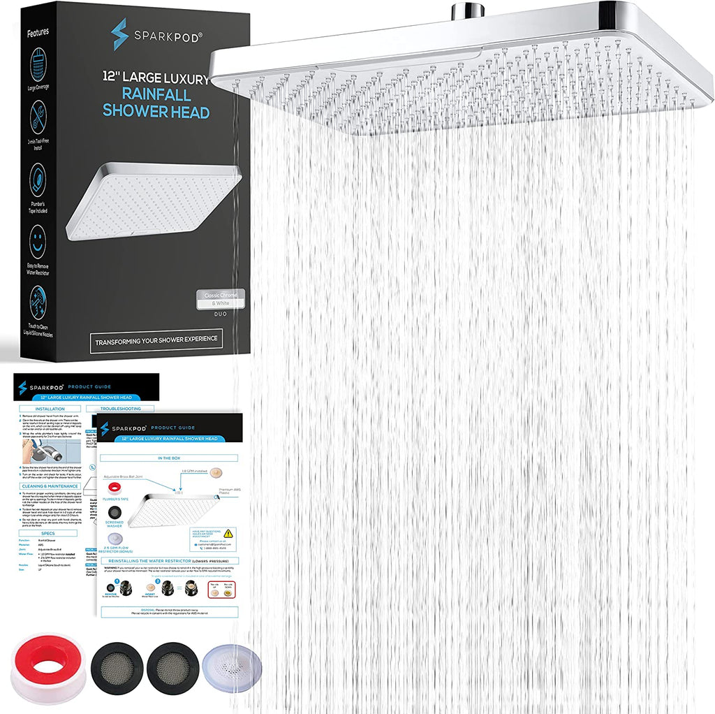 Sparkpod 10 and 12 Inch Rain Shower Head - Ceiling or Wall Mount Rainfall Shower Head - Large Coverage - Brass Ball joint with 360° adjustment - Tool Free Installation