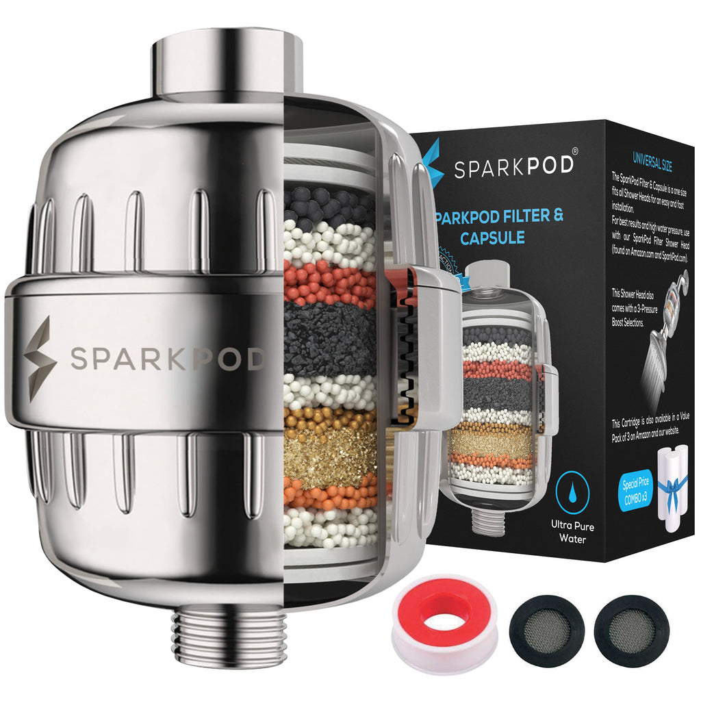 SparkPod High Output Shower Filter Capsule - 1-min Install Premium Quality Filter - Removes 95% of Lead & Heavy Metals - Suitable for People with Sensitive & Dry Skin & Scalp